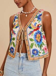 Travachic 秋冬波西米亚风多色V领无袖背心，饰有花卉和鹦鹉印花