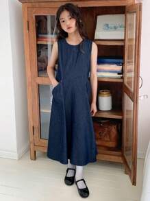 Dazy Kids Tween Girls Round Neck Sleeveless Denim Dress, Tween Girl Fall Clothes - Dark Wash - View 6