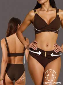 Shapewave 2 件女士塑身衣性感可调节交叉褶皱泳衣上衣带金色圆柱装饰和高切拼接三角形比基尼泳裤比基尼套装 - 棕色 - 查看 1