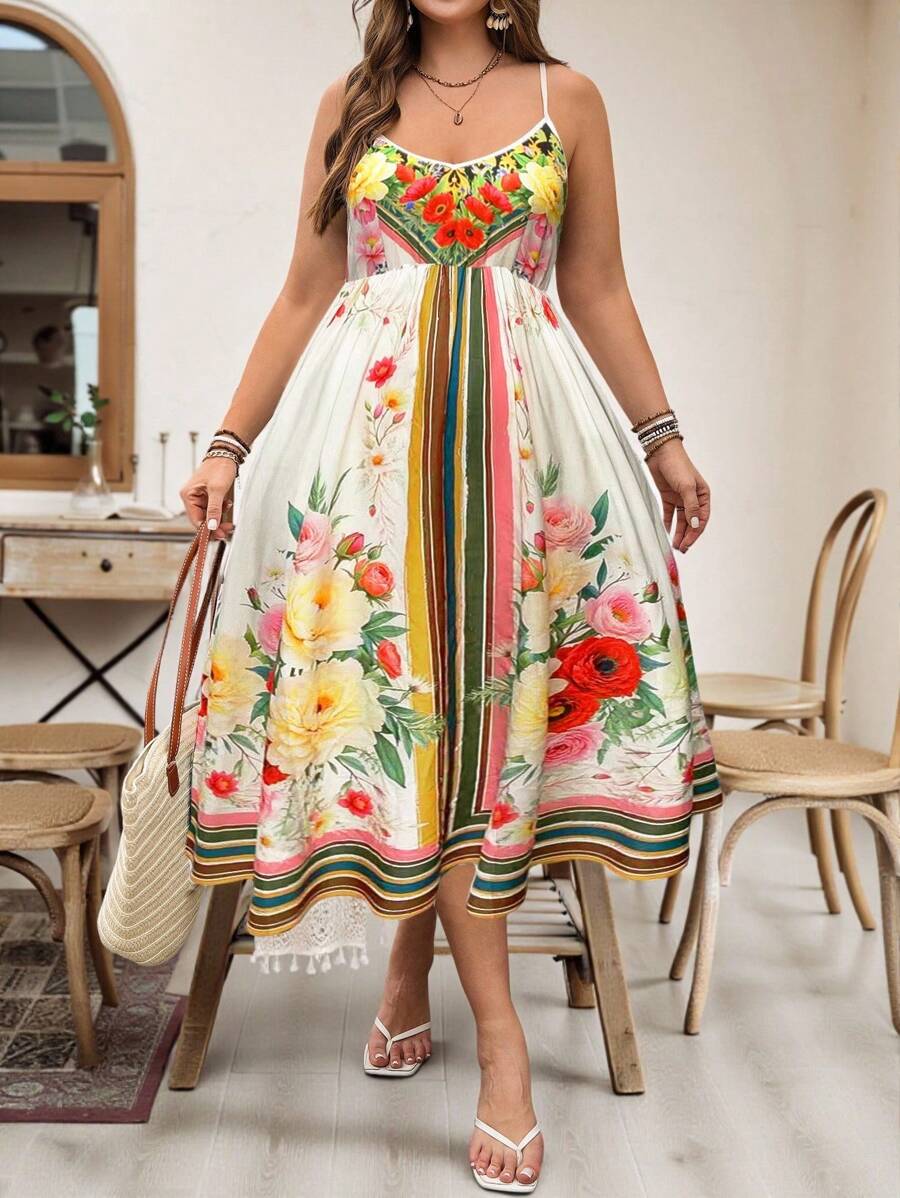 SHEIN Clasi 大码女式夏季假日海滩波西米亚风格性感休闲彩色印花 V 领吊带 A 字中长连衣裙，可搭配开衫 - 彩色 - 查看 1