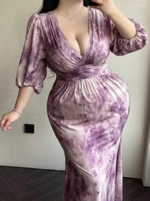 Vibekara Vestido elegante de cóctel para fiestas y eventos festivos con cuello en V, mangas de farol, cintura ceñida y bajo de cola de sirena para mujeres de talla grande