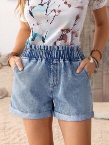 SHEIN LUNE Women's Casual Washed Denim Shorts, Summer - Blue - View 6