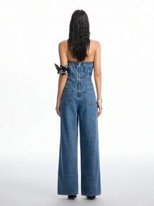 LYSMO 女士时尚纽扣设计口袋吊带牛仔连体裤 - 藍色 - 查看 2