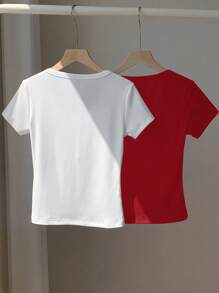 Comfortcana 2pcs Wine Red & White Solid Henley Neck Embroidery Fitted Short Sleeve T-Shirts