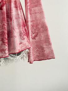 Soleia Women's Retro Newspaper Print V-Neck Front Tie Bow Flare Sleeve Asymmetric Ruffle Hem A-Line Top, Suitable For Vacation, Early Autumn, Party, Date, Afternoon Tea, Layering,Graphic Tops,Night Out  Going Out Tops,Back To School,Homecoming Vintage Blouse Shabby Chic Top Feminine Top Rose Print Blouse