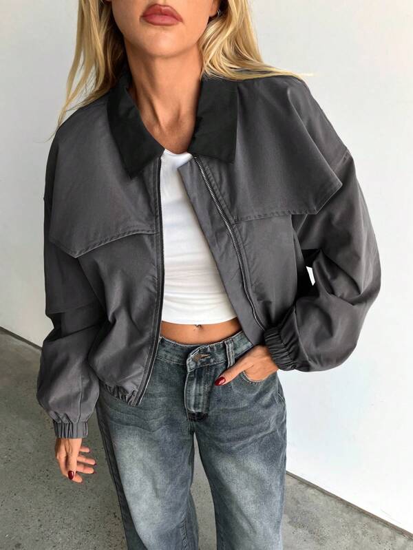 Aloruh Chaqueta casual ligera con cremallera, cuello solapa y mangas largas con bloques de color para mujer