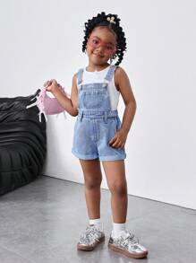 Young Girl Blue Denim Overalls Shorts With Bow Patterns, Spring And Summer Casual Vacation Country Boho Wear - Light Wash - View 5