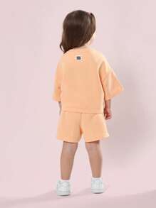 SUMWON Los Angeles California Girls Two Piece Summer Casual Crop Sweatshirt Short Set Varsity Style Wear - Orange - View 2