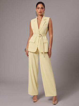 Silquee Hochwertige Serie Sommer einfarbig cremiges gelb Damen Lässig Blazer mit Stehkragen ärmellos mit Gürtel und Metall Doppel-D-Schnalle Design + gerades Hosenanzug Farbset, geeignet für den Büroalltag, Business-Lässig Damen Freizeitanzug Zweiteiler