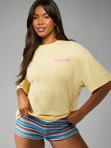 Missguided x Playboy Oversized Bunny Logo Graphic Tee Short Sleeve Summer Spring Festival Cotton Casual Leisure Streetwear Weekend Comfort Top - Yellow - View 2