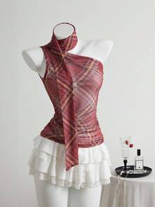 Elamini Áo ba lỗ chiffon cổ yếm xếp nếp không tay màu xanh kẻ caro bất đối xứng cho nữ mùa hè - Đỏ - Xem 6