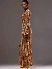 MUSERA 纹理条纹针织喇叭长裙，春夏度假波西米亚风伊比沙岛优雅海滩可爱婚礼宾客优雅约会之夜秋夏季穿搭假日长裙 - 彩色 - 查看 4