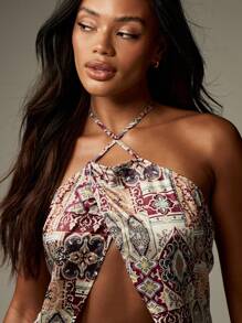 MISSGUIDED Áo crop top hở cổ in họa tiết Paisley cho kỳ nghỉ hè bãi biển phong cách boho hippie tiệc khiêu vũ câu lạc bộ áo cánh không tay buổi tối - Nhiều màu - Xem 5
