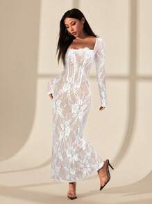 SHEIN PETITE Đầm Maxi Đen Ôm Hông Cổ Vuông Ren Hình Chữ S Gợi Cảm Cho Nữ, Tay Dài, Cúp Ngực, Cổ Xương Cá, Dự Tiệc Mùa Hè Mới - Nhiều màu - Xem 6