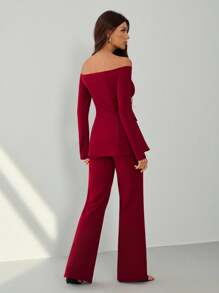 SHEIN Tall Women Plain Front Button Long Sleeve Off Shoulder Minimalist Top And Long Pants Suit Set In Fall/Winter