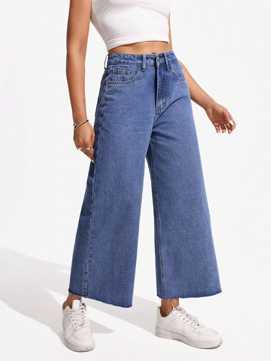SHEIN Unity Casual Relaxed Fit Washed Wide Leg Jeans Y2k - Medium Wash - View 1