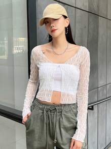 DAZY 1pc Button Front Crop Top Festival Sheer Long Sleeve Women Tops - White - View 5