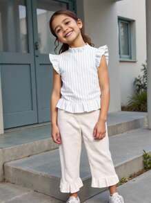 SHEIN 2 piezas Conjunto de niña bebé con top a rayas con volantes retro y pantalones largos con estampado floral calado, conjunto de ropa diaria linda, ropa de verano para niñas pequeñas, conjuntos de ropa para niñas pequeñas, conjuntos de ropa de verano para niñas - Multicolor - Ver 1