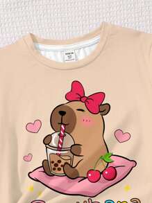 SHEIN Leap Crew 女童休闲卡通印花短袖T恤和短裤两件套，夏季 - 彩色 - 查看 4