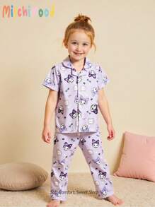 少女系紫色暗猫印花可爱甜美开襟简约短袖长裤家居服，萌系甜美系列