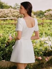 Savoree Beige Elegant Romantic Elegant Rhinestone Button Woven Tweed A-Line Short Dress, Suitable For Wedding Guest, Fairy Dress