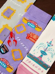 FRIENDS X SHEIN 3 pares de calcetines informales de mujer hasta el tobillo, suaves y transpirables, que absorben la humedad, de moda y lindos, con refuerzo en los dedos y el talón para mayor durabilidad, aptos para todas las estaciones y combinables con todo