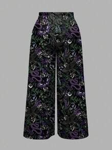 ROMWE Plus Size Women Gothic Goth Snake, Plant, Star, Moon Print Mysterious Dark Pants Suitable For Going Out - White - View 2