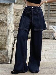DAZY 女士夏季休闲宽松阔腿牛仔裤两件套、抹胸上衣和裤子 - 藍色 - 查看 4