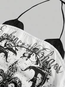 ROMWE 2pcs/Set American Vintage Cherry Print & Punk Vine Print Contrast Lace Halter Neck Bodycon Tank Top - Multicolor - View 4