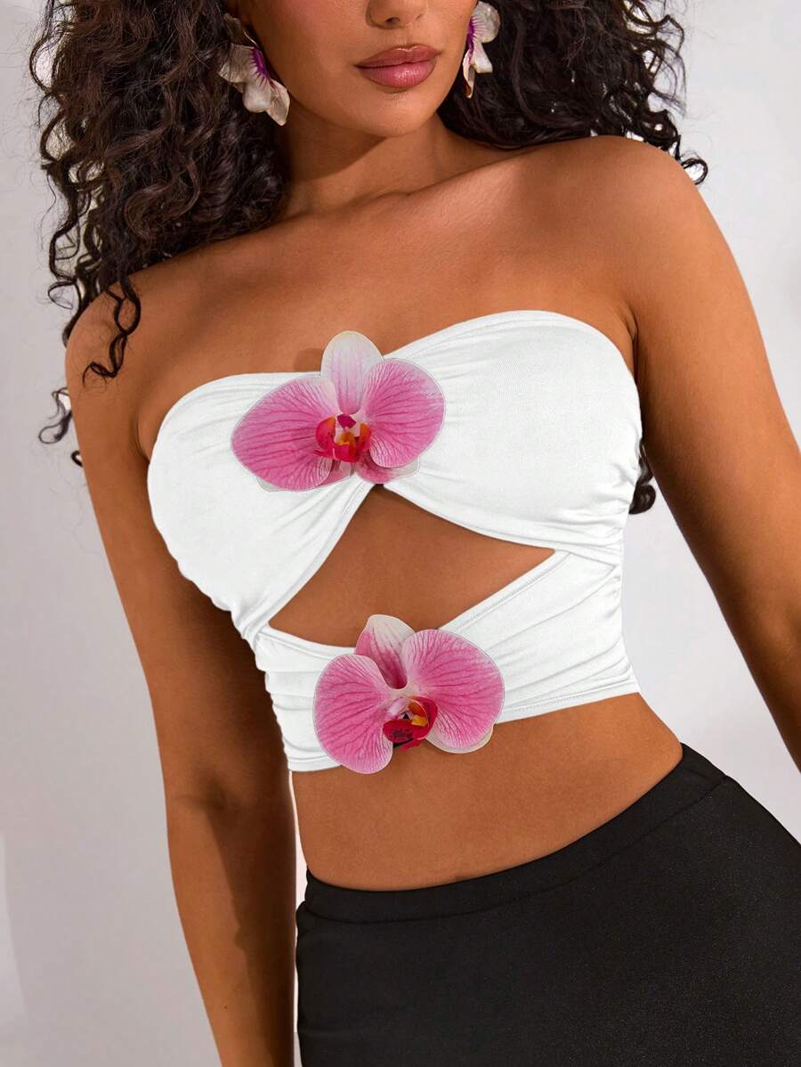 Opulessa Women's Sexy Hollow Out Floral Decor Cropped Bandeau Top, Holiday Wear White Tube Top Flower Tube Top Orchid Tube Top White Bandeau Top - White - View 1