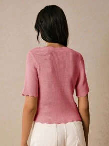 Poéselle 女式纯色拱形V领单排扣短袖休闲针织上衣