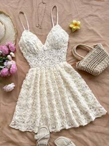 Soleia Váy ngắn chữ A hở lưng, cổ chữ V gợi cảm, vải kết cấu màu trắng lãng mạn dành cho nữ, phù hợp cho tiệc tùng, hẹn hò, trà chiều, kỳ nghỉ, bãi biển, trang phục mùa hè, phong cách Boho, kỳ nghỉ, móc len, vải lanh, có kết cấu - trắng - Xem 7