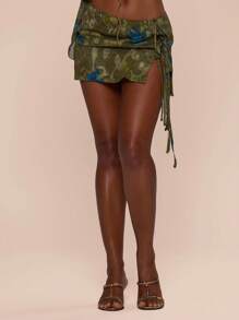 MUSERA Low Rise Tie Side Floral Mesh Mini Skirt Summer Cute Vacation Sexy Festival Elegant Party - Green - View 2