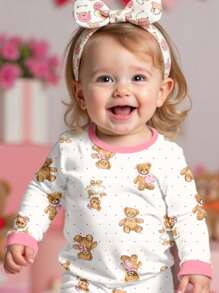 SHEIN Cute Bear Design, Baby Girl Casual Comfy Round Neck Long Sleeve Sweatpants Homewear Suit, Snug Fit, Suitable For Autumn/Winter - Multicolor - View 4