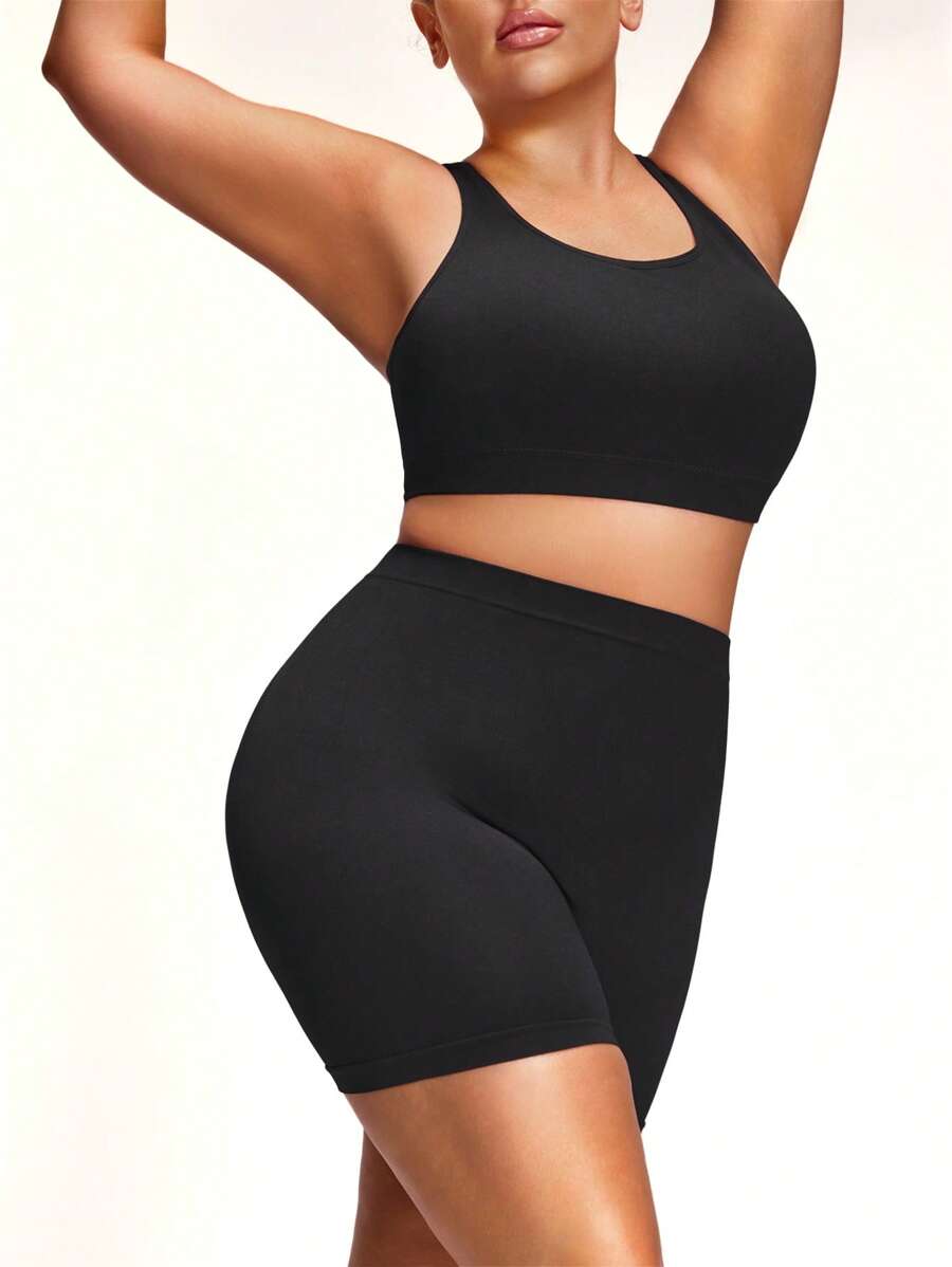 SHEIN 1set Plus Size Solid Color Elastic Cropped Tank Top And Shorts Shaping Bodysuit Set - Black - View 1