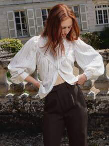 lacRébo 条纹宽松衬衫，褶皱育克和纽扣前襟秋季衬衫商务休闲女教师秋季女装 - 米色 - 查看 2