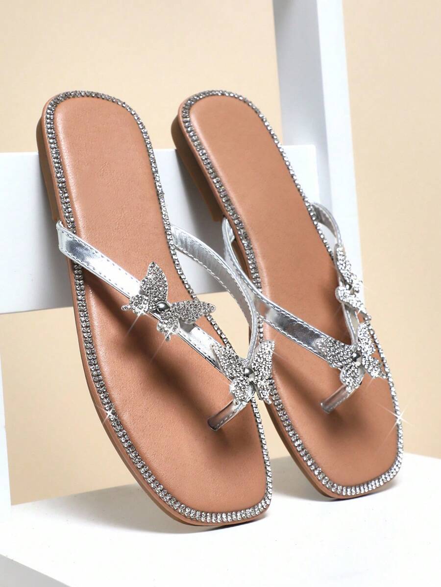 Mini mi Girls' Square Toe Crystal Embellished Midsole Rhinestone Butterfly Silver Thong Sandals – Glam & Cute Perfect From Beach To Pool - Silver - View 1