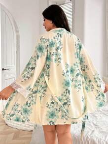 SHEIN Plus Size 3pcs Set: Ruffled Floral Print Spaghetti Strap Top & Shorts & Coat, Fall Clothes - Apricot - View 2