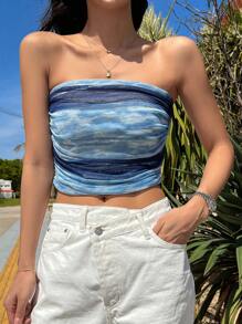 DAZY 扎染褶饰抹胸，短款上衣，女士性感上衣，外出上衣 - 藍色 - 查看 5