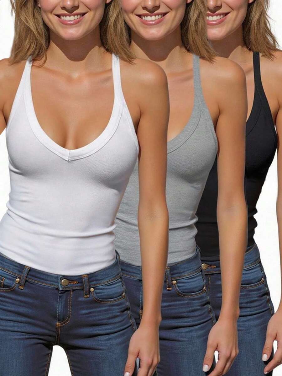 INAWLY Solva Women's Solid Color V Neck Ribbed Casual Tank Top - Multicolor - View 1