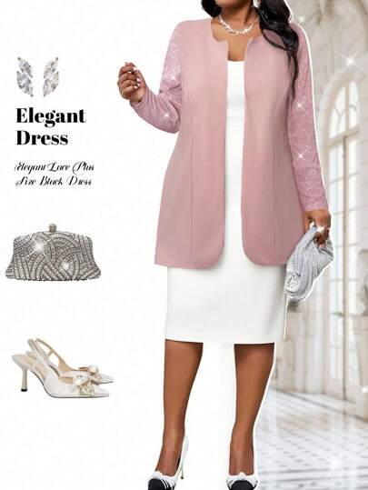 SHEIN Lady 夏季透视加大码女式优雅撞色蕾丝粉色中长袖外套，不对称下摆女式外套秋季女士秋季外出情人节女士教师节冬季秋季