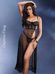 对比色蕾丝网布带钢圈娃娃装性感内衣连衣裙配丁字裤 - 黑色 - 查看 1