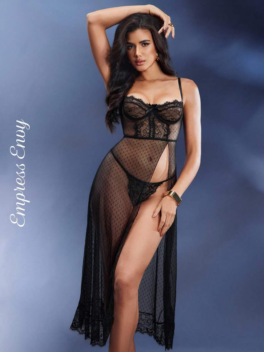 对比色蕾丝网布带钢圈娃娃装性感内衣连衣裙配丁字裤 - 黑色 - 查看 1