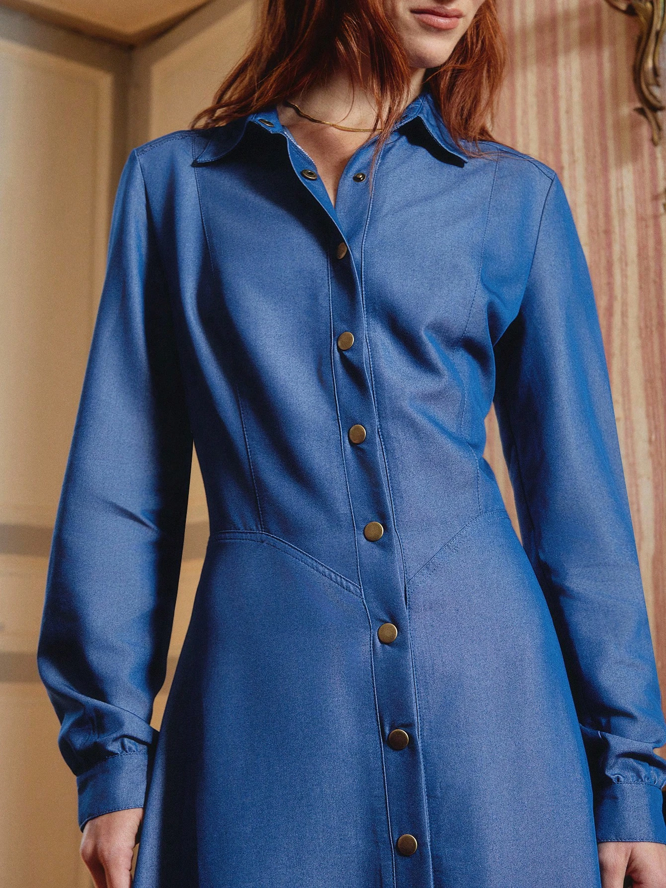 Maxi Blue Shirt Dress With Gold Button Front Opening Office Dress Teacher Dress Business Casual Dress Spring Summer Dress