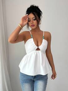 Rafferiza 女士夏季性感深 V 形串珠装饰吊带背心 - 白色 - 查看 5