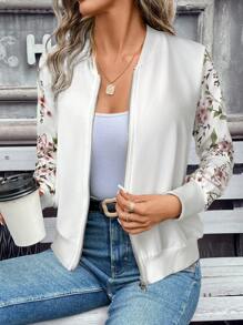 SHEIN Frenchy 1 Áo khoác bomber tay dài in hoa có khóa kéo phía trước dành cho nữ vào mùa thu/đông - trắng - Xem 6