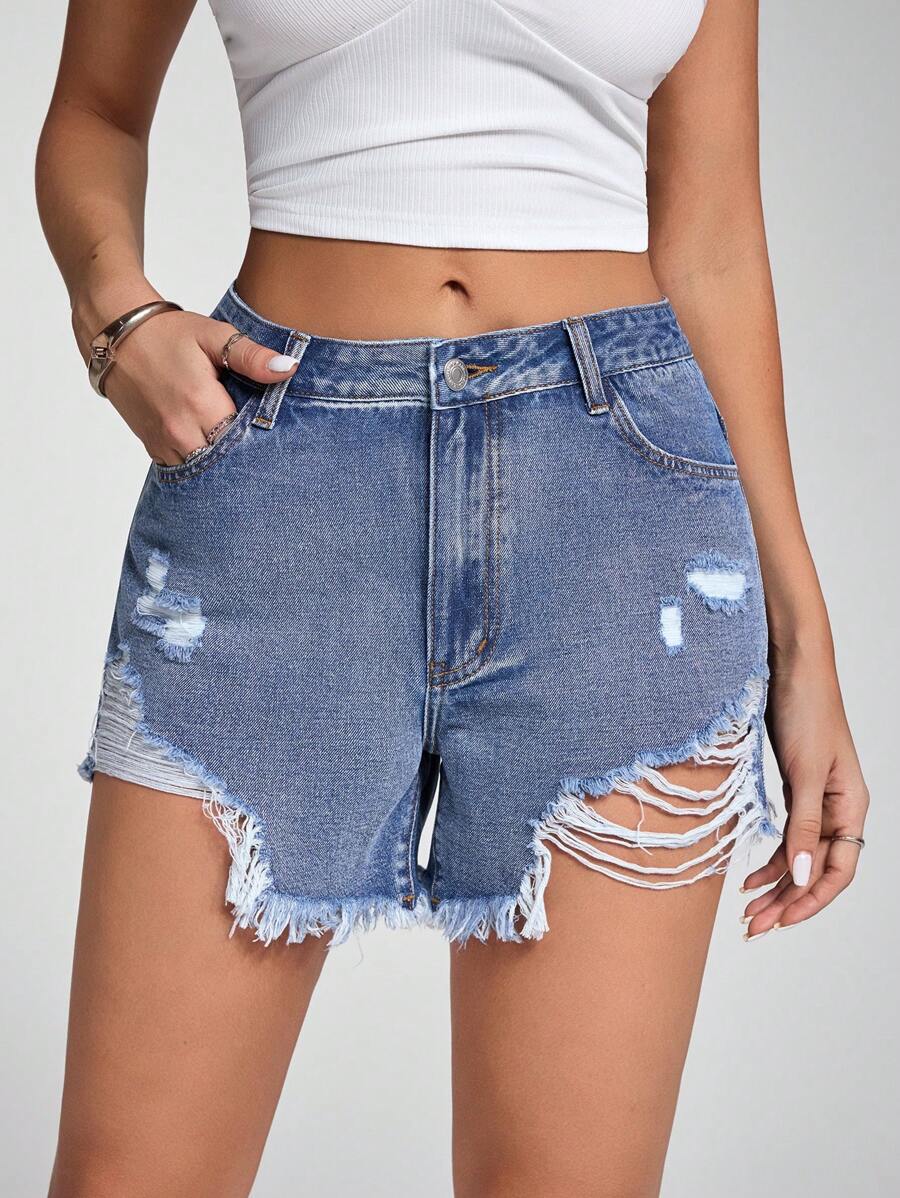 SHEIN Unity Casual Distressed Fringed Denim Shorts - Medium Wash - View 1