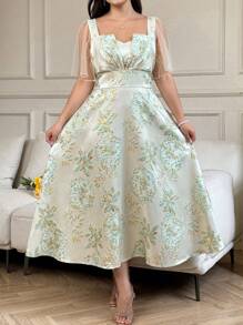 SHEIN Clasi Damen Große Größen Sommer Elegant Gewebe-Jacquard Taillengerafftes Langes Kleid - Verschiedenfarbig - Übersicht 5