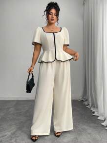 Elenzga 大码春夏季优雅撞色短袖衬衫和阔腿裤两件套两件套裤子套装女裤套装女夏季阔腿裤套装衬衫和裤子套装2件套休闲套装女 - 白色 - 查看 6