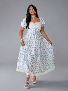 Flirla Plus Size Women Blue Ditsy Floral Puff Sleeve Dress - Multicolor - View 5